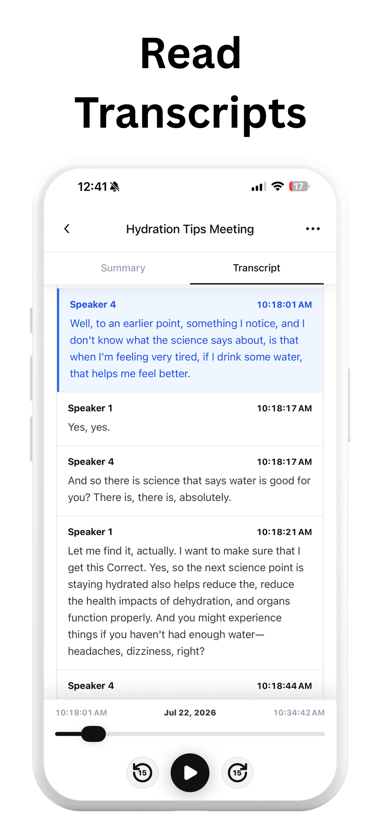 Speaker-separated transcript in the Replay app