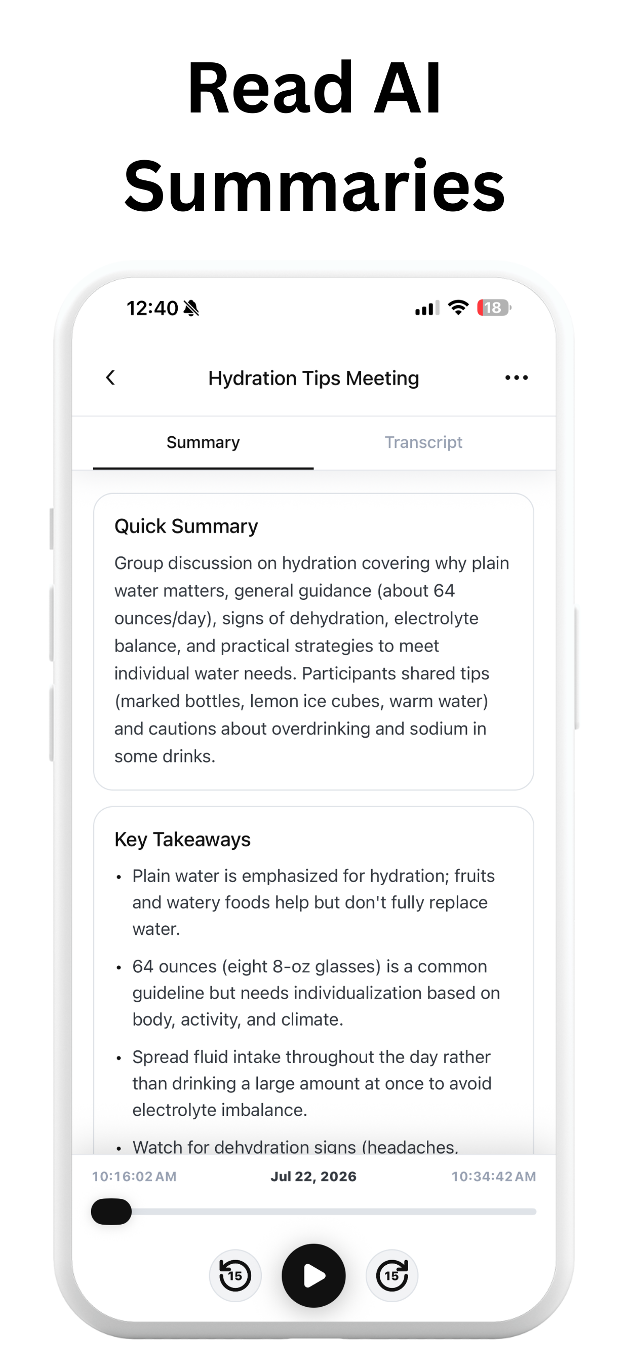 AI summary and key takeaways in the Replay app